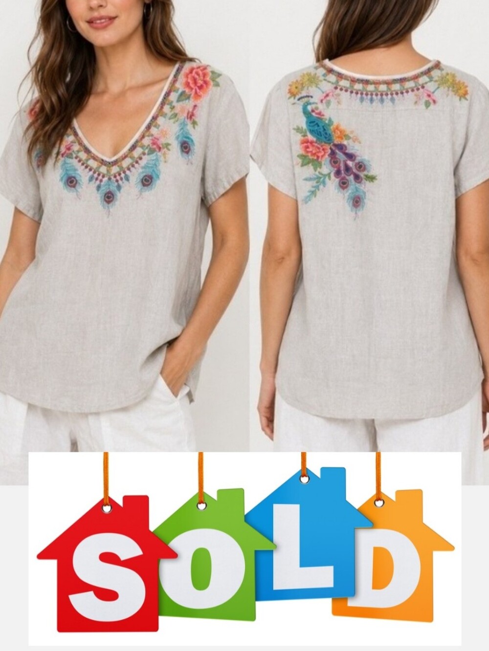 🚫SOLD DEL 9/5 🚫Johnny Was Linen Embroidered Top Women XL Gray Peacock Floral